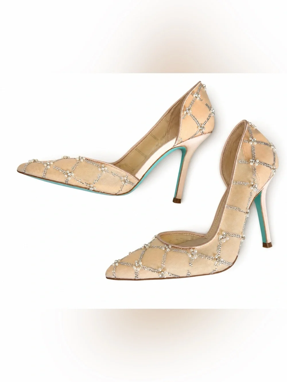 Betsey Johnson Cruze Rhinestone Pearl Mesh Pumps Nude Heels Size 6.5 W/Box